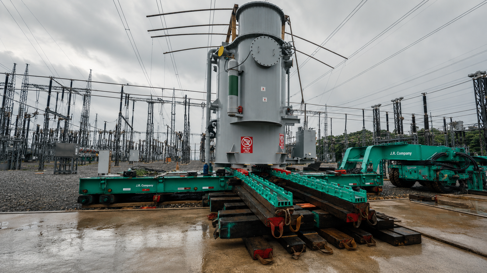 Transformador industrial massivo fixado em prancha multi-eixos pesada, em ângulo baixo enfatizando escala e engenharia