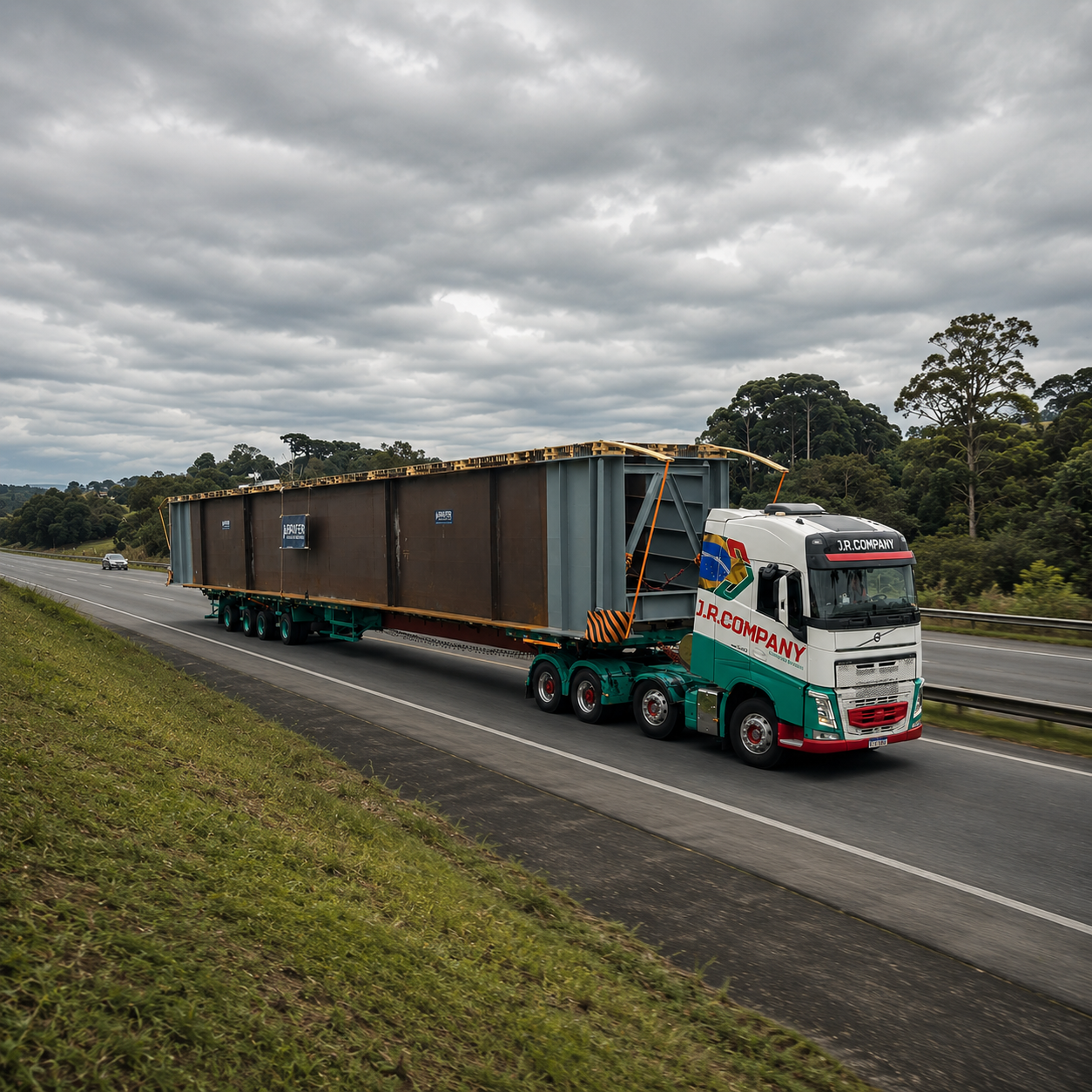 Vista aérea de pás de turbina eólica sendo transportadas por caminhões prancha especializados em rodovia desértica